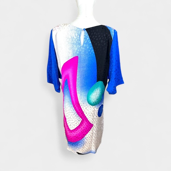 Flora Kung silk Bold Abstract Print Midi Dress 3/4 Sleeve Boat Neck Women's - Picture 2 of 12